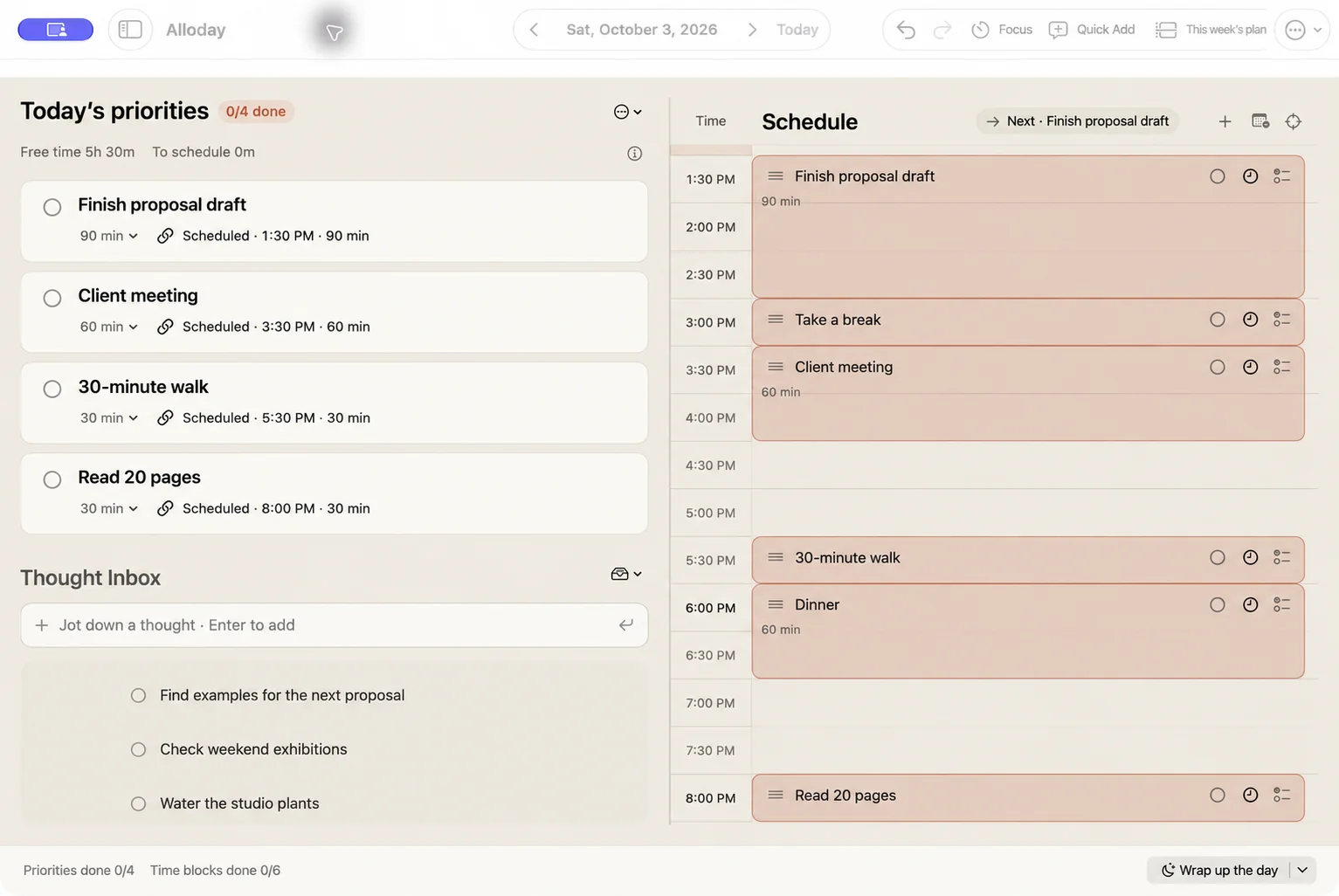 Localized priority: finish the proposal draft, estimated at 90 minutes and scheduled for 1:30 pm.